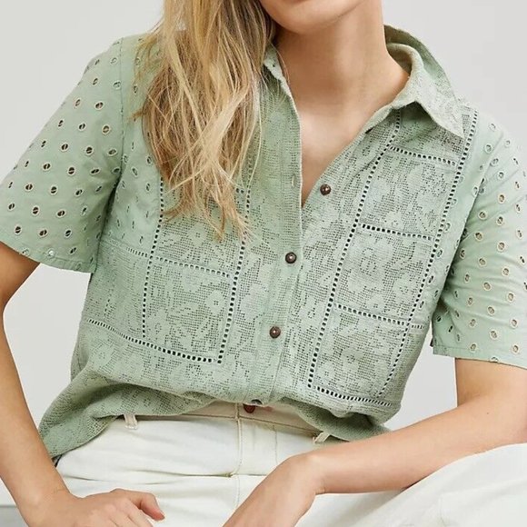 NEW Anthropologie forever that girl Kid Grn/Vert Lace Embroidered Button Blouse - Picture 4 of 4